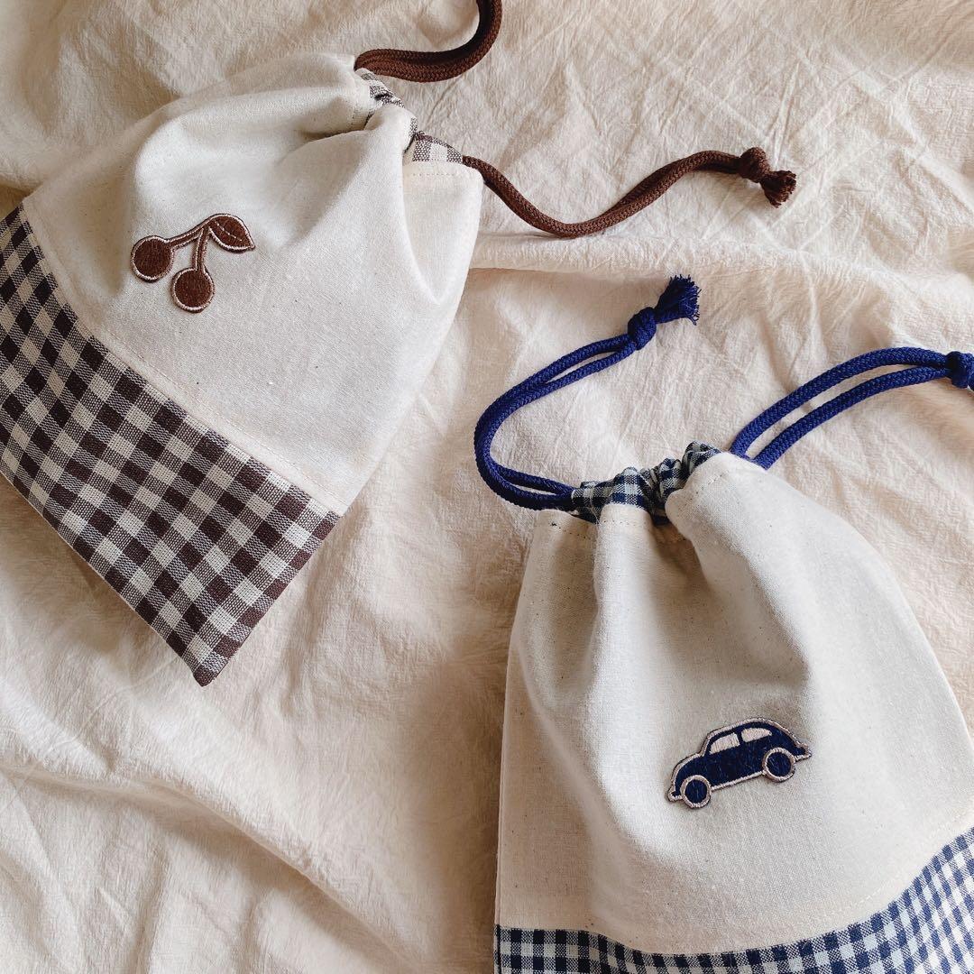 ハンドメイド　4点セット　入園入学グッズ　くるま　ネイビー　チェック　シンプル