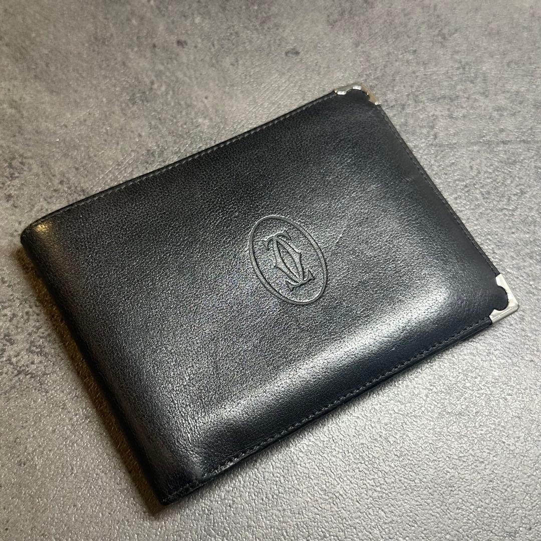 Cartier マストライン　二つ折り財布　コンパクトウォレット　レザー　黒