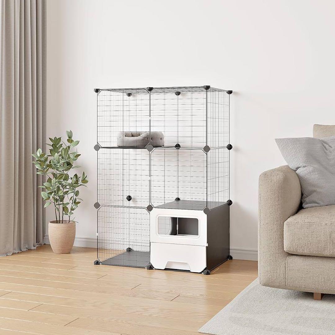 【Topzoo】猫 ケージ トイレ付き トイレ一体型 防臭 飛散軽減 2段