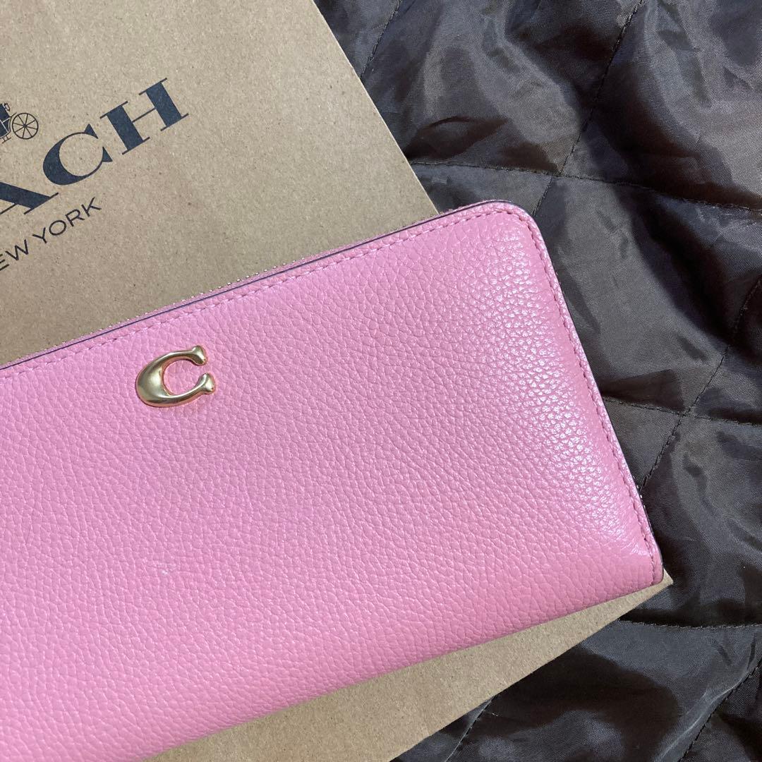 コーチ　coach ピンク　長財布　ラウンドファスナー　本革　シグネチャー