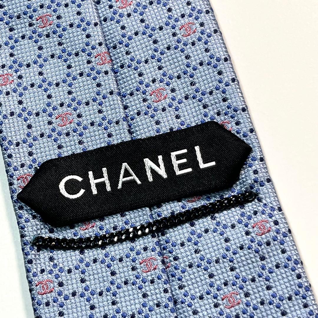 ✨美品✨ CHANEL シャネル　ネクタイ　高級シルク ココマーク　ドット　水色