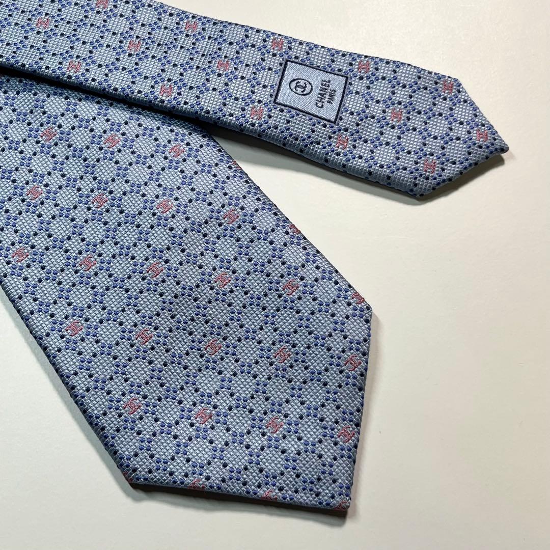 ✨美品✨ CHANEL シャネル　ネクタイ　高級シルク ココマーク　ドット　水色