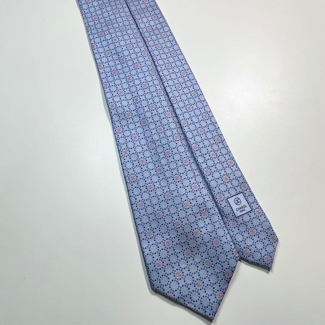 ✨美品✨ CHANEL シャネル　ネクタイ　高級シルク ココマーク　ドット　水色