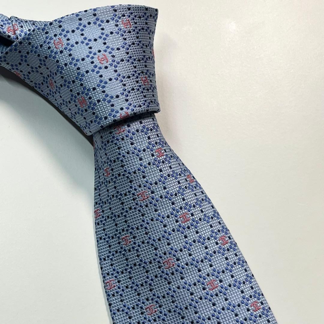 ✨美品✨ CHANEL シャネル　ネクタイ　高級シルク ココマーク　ドット　水色