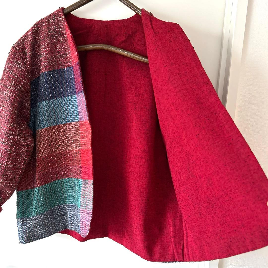 一点物　ハンドメイド　リバーシブル　久留米絣　手織り　ノーカラージャケット