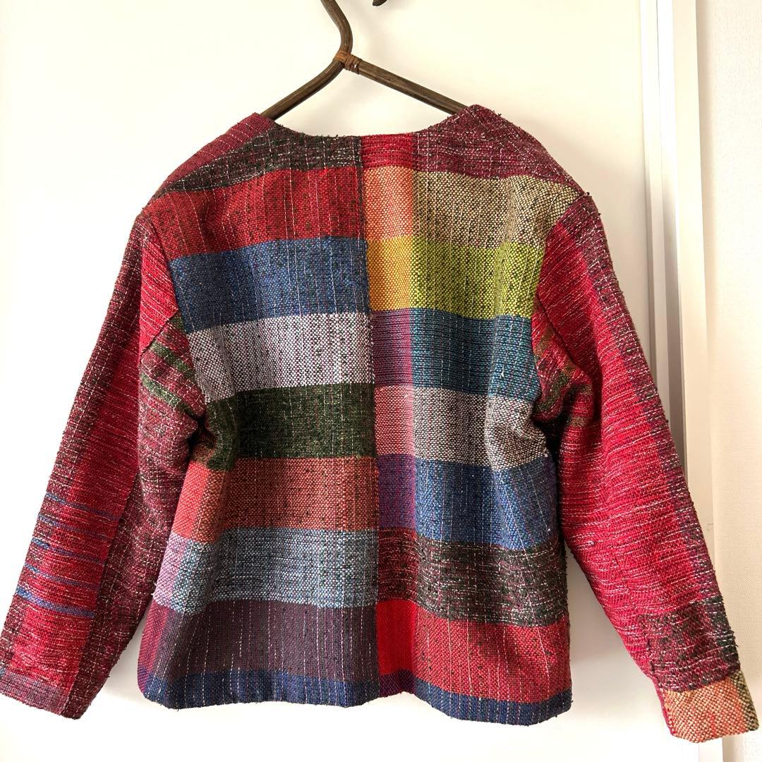 一点物　ハンドメイド　リバーシブル　久留米絣　手織り　ノーカラージャケット