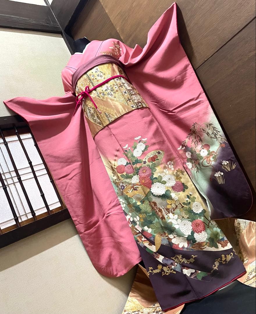 振袖フルセット6点サイズS〜M 駒刺繍　扇面鳳凰花車文　暈し染め　金彩　正絹