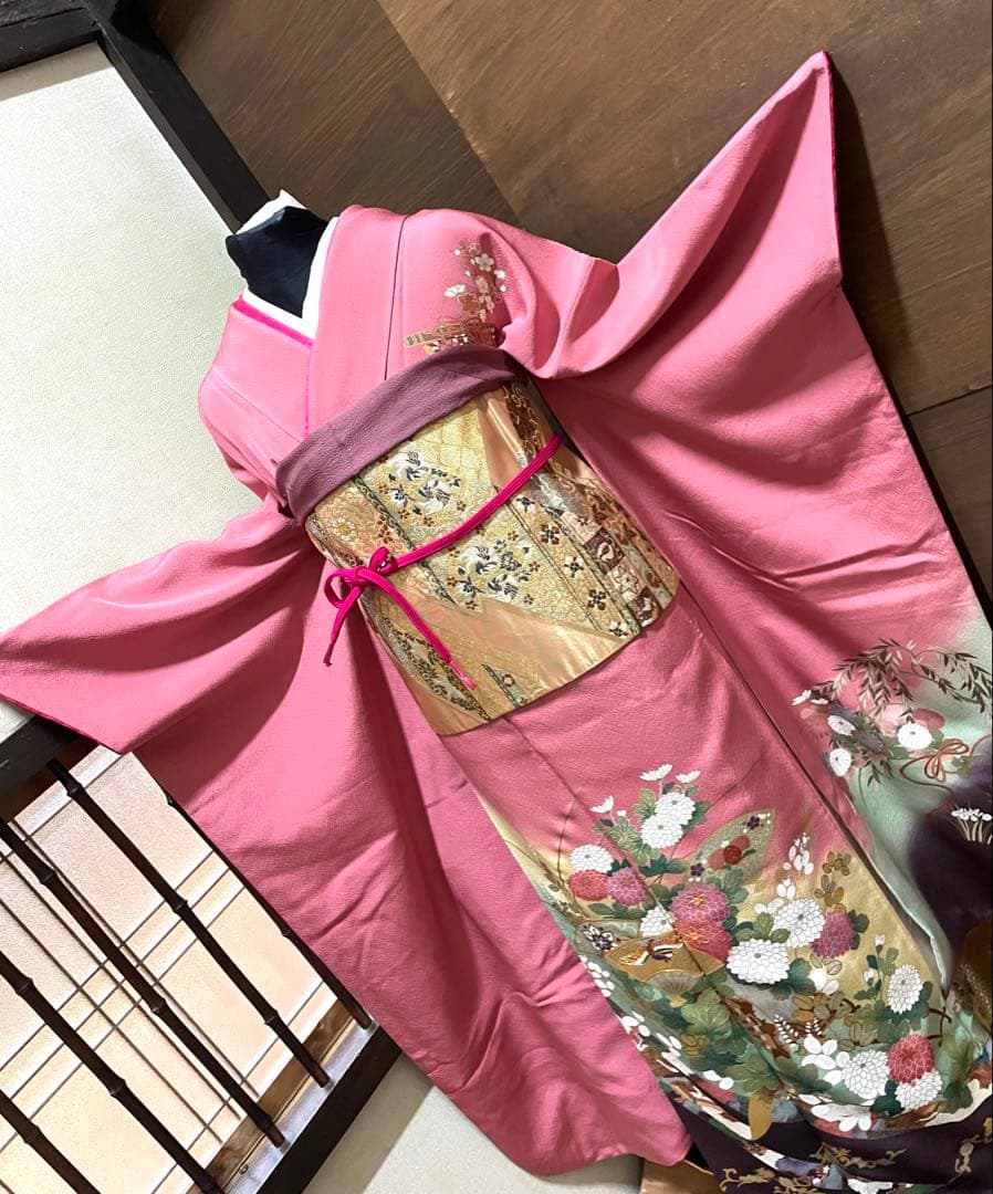 振袖フルセット6点サイズS〜M 駒刺繍　扇面鳳凰花車文　暈し染め　金彩　正絹