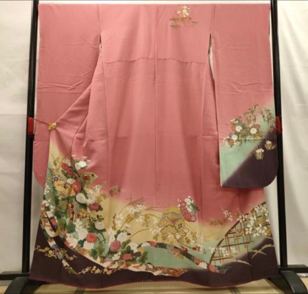 振袖フルセット6点サイズS〜M 駒刺繍　扇面鳳凰花車文　暈し染め　金彩　正絹