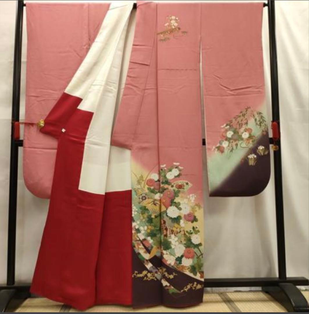 振袖フルセット6点サイズS〜M 駒刺繍　扇面鳳凰花車文　暈し染め　金彩　正絹