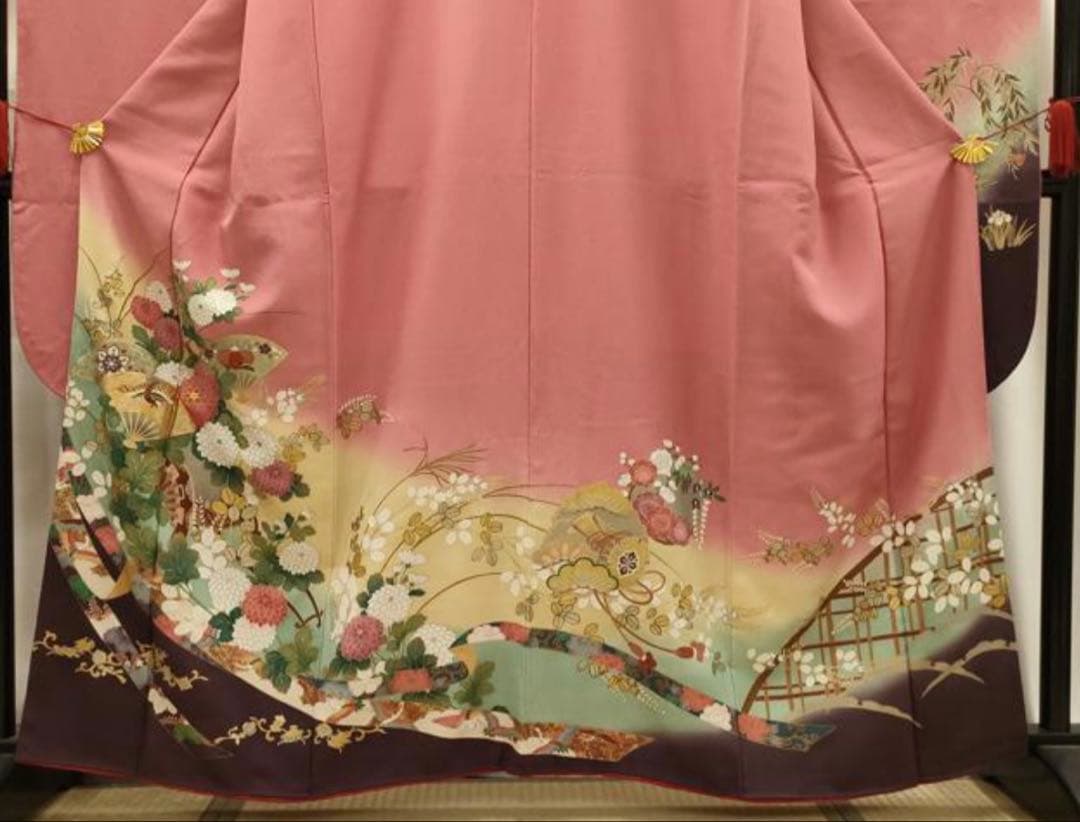 振袖フルセット6点サイズS〜M 駒刺繍　扇面鳳凰花車文　暈し染め　金彩　正絹