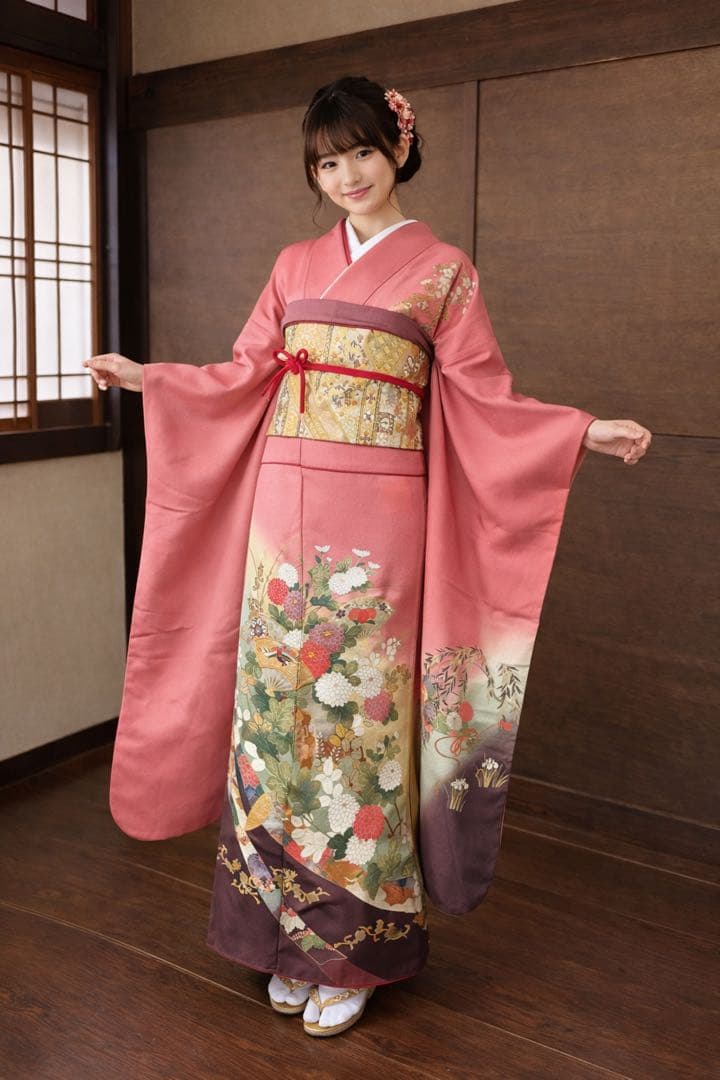 振袖フルセット6点サイズS〜M 駒刺繍　扇面鳳凰花車文　暈し染め　金彩　正絹