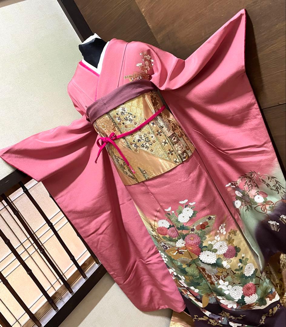 振袖フルセット6点サイズS〜M 駒刺繍　扇面鳳凰花車文　暈し染め　金彩　正絹