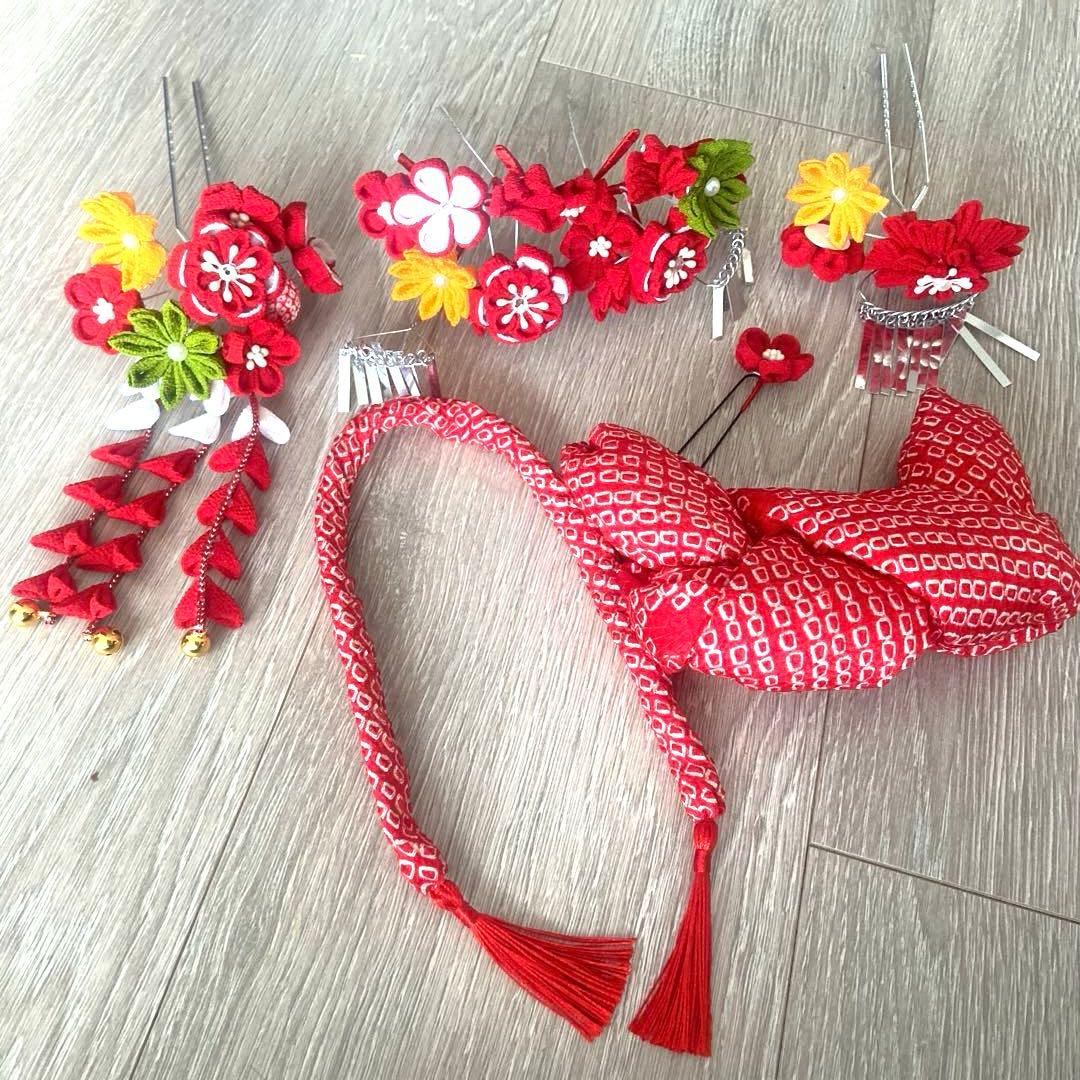 七五三 勝山かんざし　かのこ　ちんころ　日本髪　髪飾りセット 赤 オレンジ