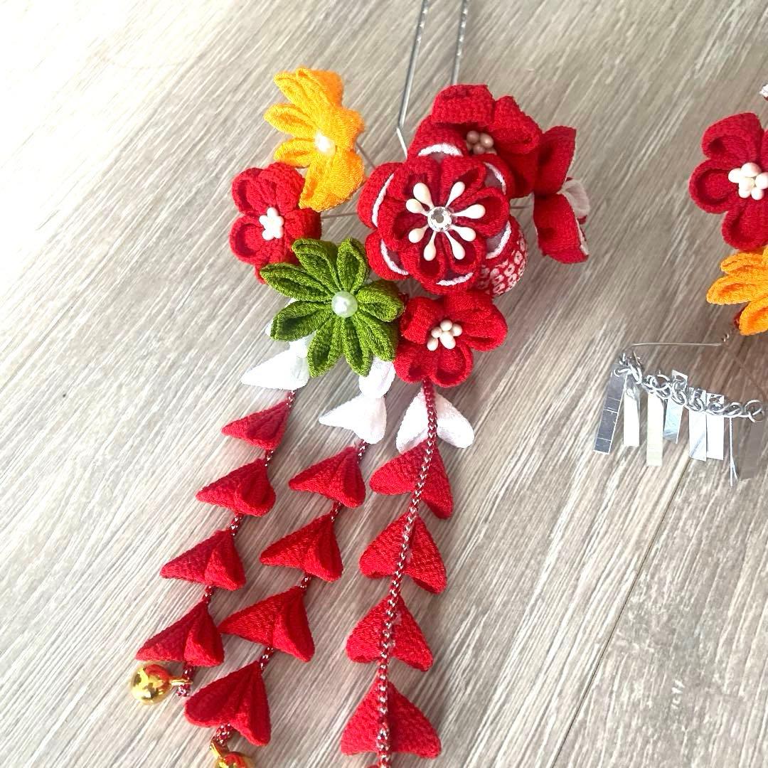 七五三 勝山かんざし　かのこ　ちんころ　日本髪　髪飾りセット 赤 オレンジ