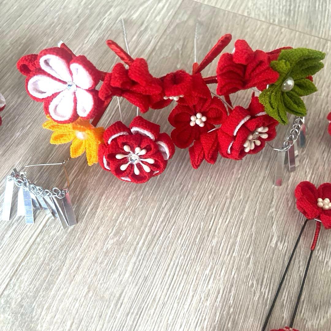 七五三 勝山かんざし　かのこ　ちんころ　日本髪　髪飾りセット 赤 オレンジ