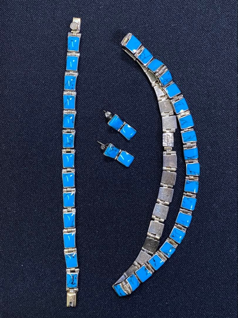 メキシコ シルバー ターコイズ ネックレス・ブレスレット・ピアス ３点セット