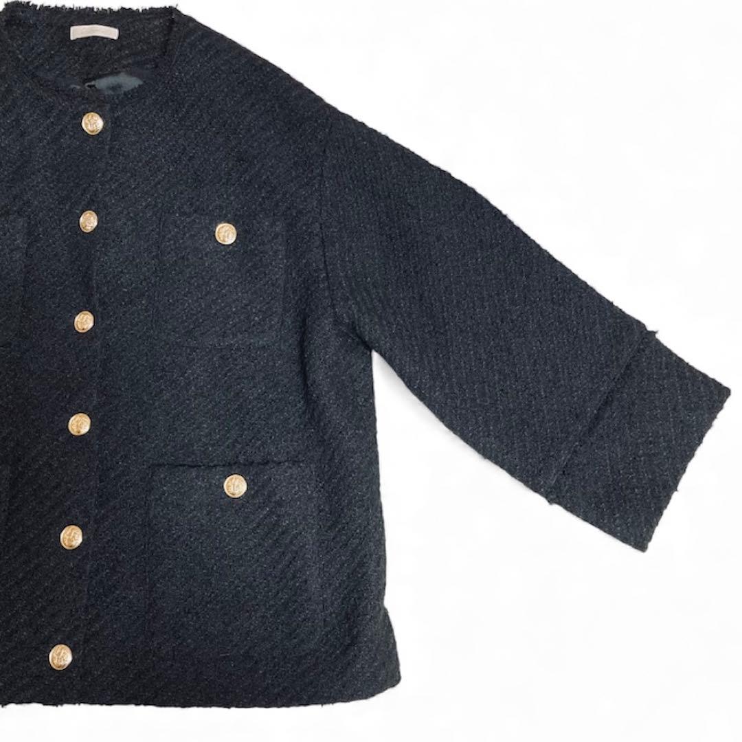ラウンジドレス 金ボタン ツイードノーカラージャケット ブラック オーバーサイズ