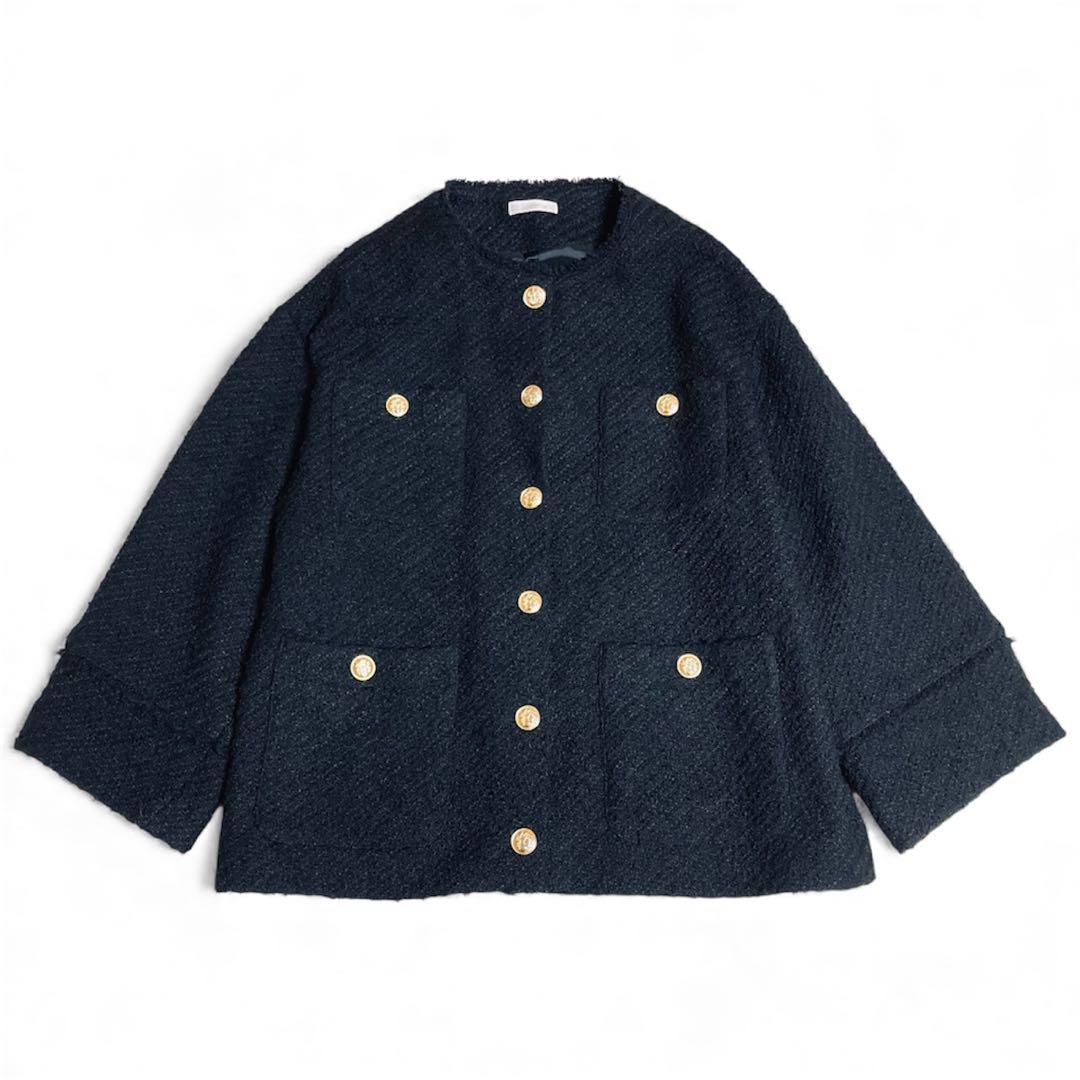 ラウンジドレス 金ボタン ツイードノーカラージャケット ブラック オーバーサイズ