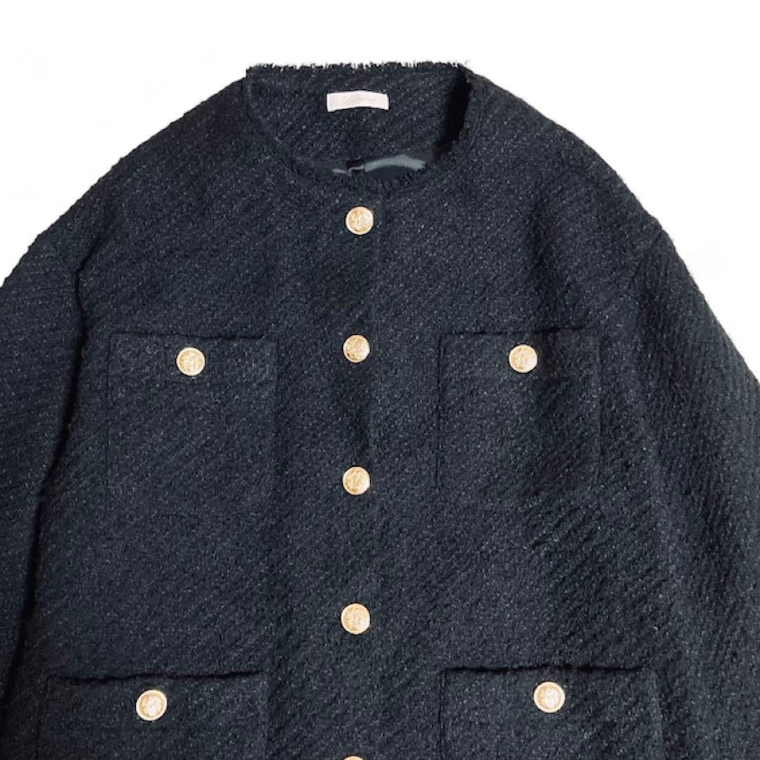 ラウンジドレス 金ボタン ツイードノーカラージャケット ブラック オーバーサイズ