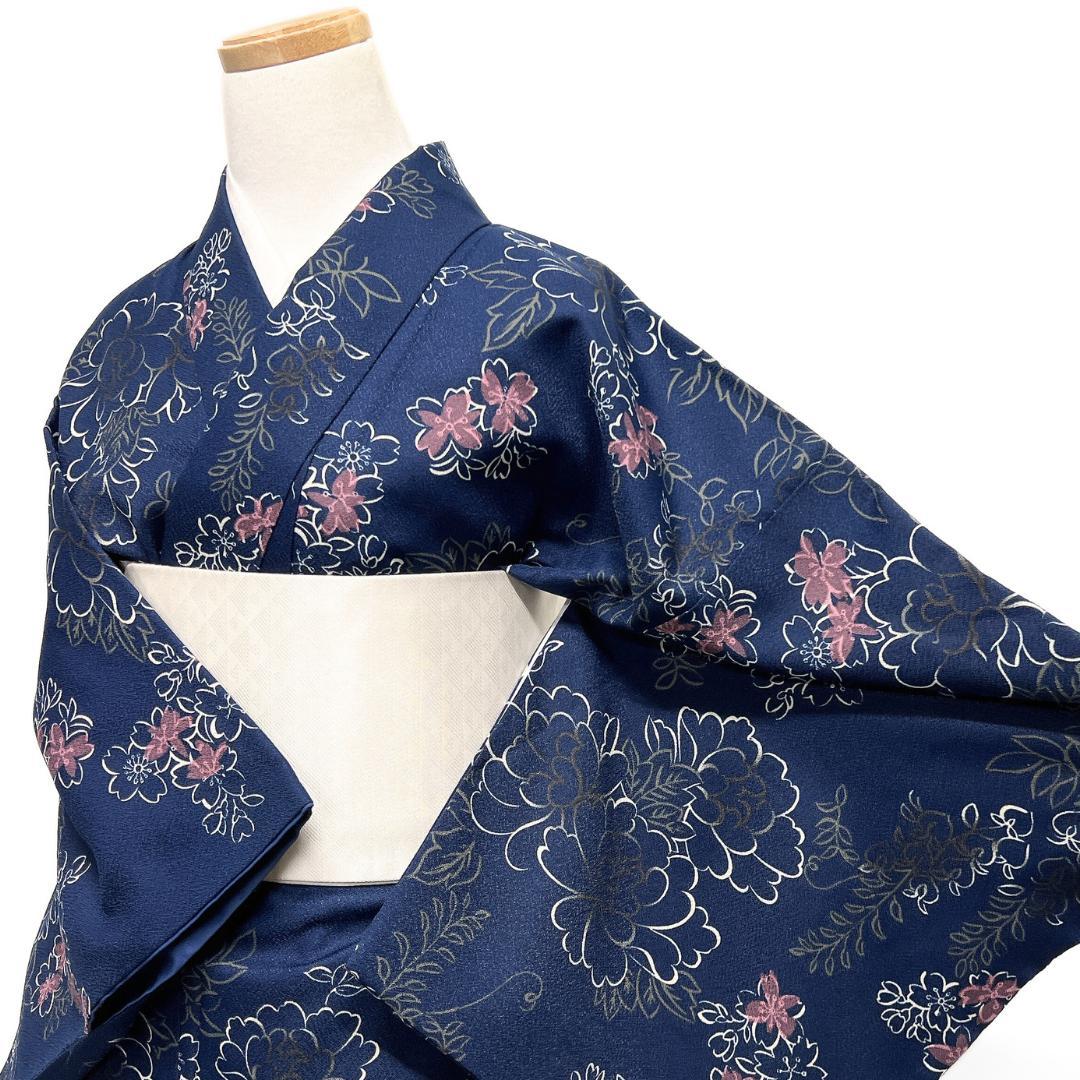小紋　洗える着物　牡丹　桜　藤　橘　ネイビー　着物　122b d ms