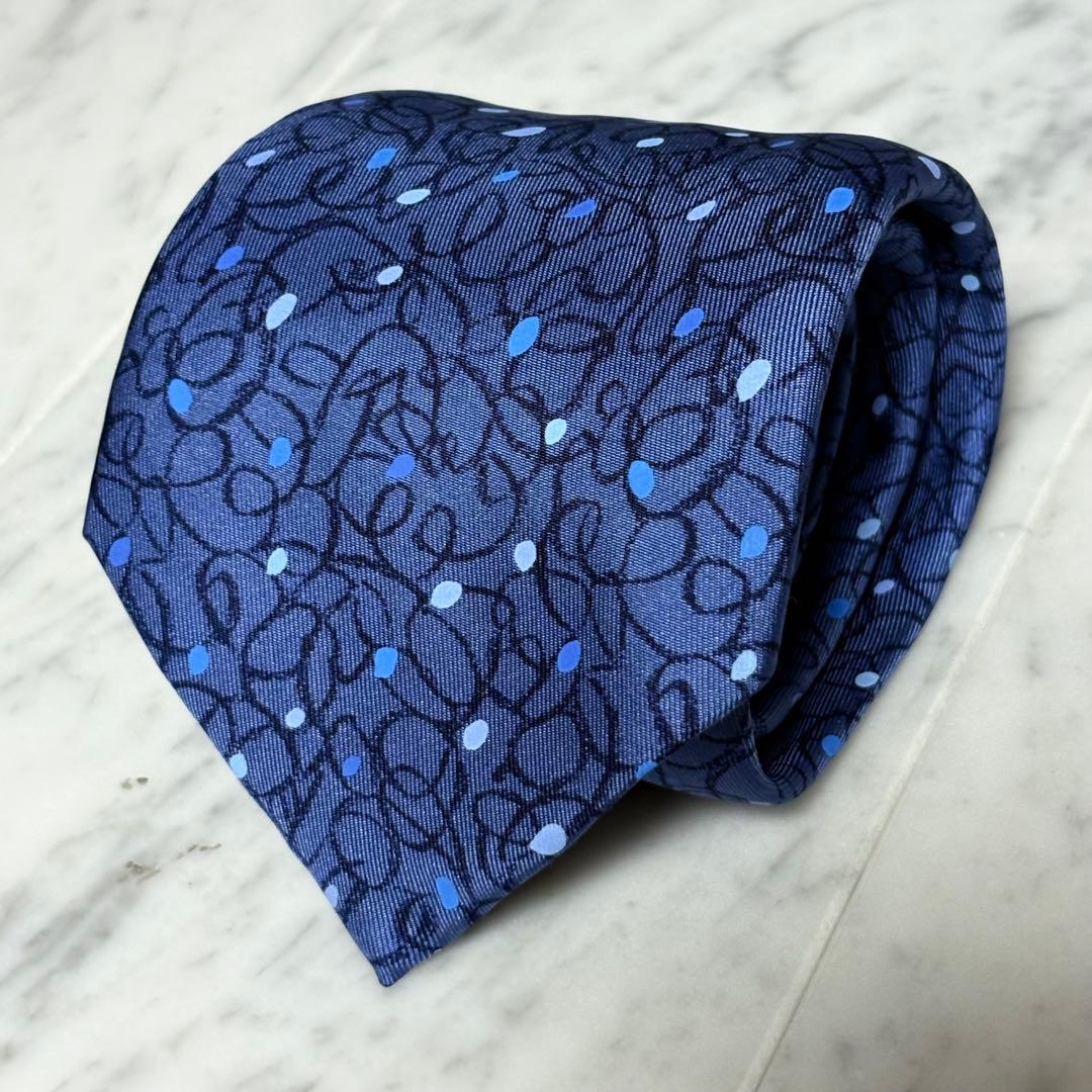 HERMES ネクタイ ブルー系 ネイビー ドット アート柄