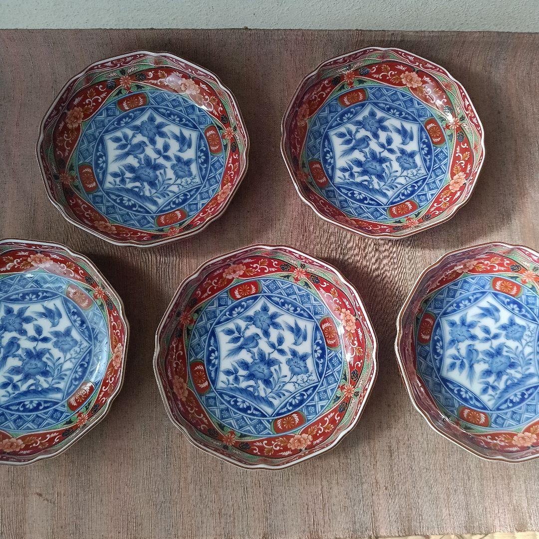前畑陶器 庫山窯　取り皿揃　5枚　染付花鳥　プレート