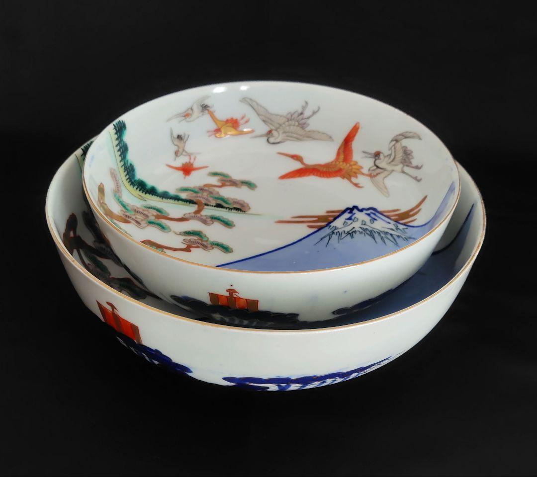 古伊万里　アンティーク　大鉢大小セット『松　鶴　富士　波　宝舟』明治大正〜　招福