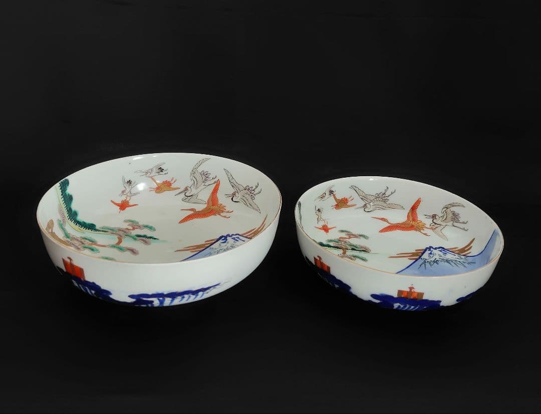 古伊万里　アンティーク　大鉢大小セット『松　鶴　富士　波　宝舟』明治大正〜　招福