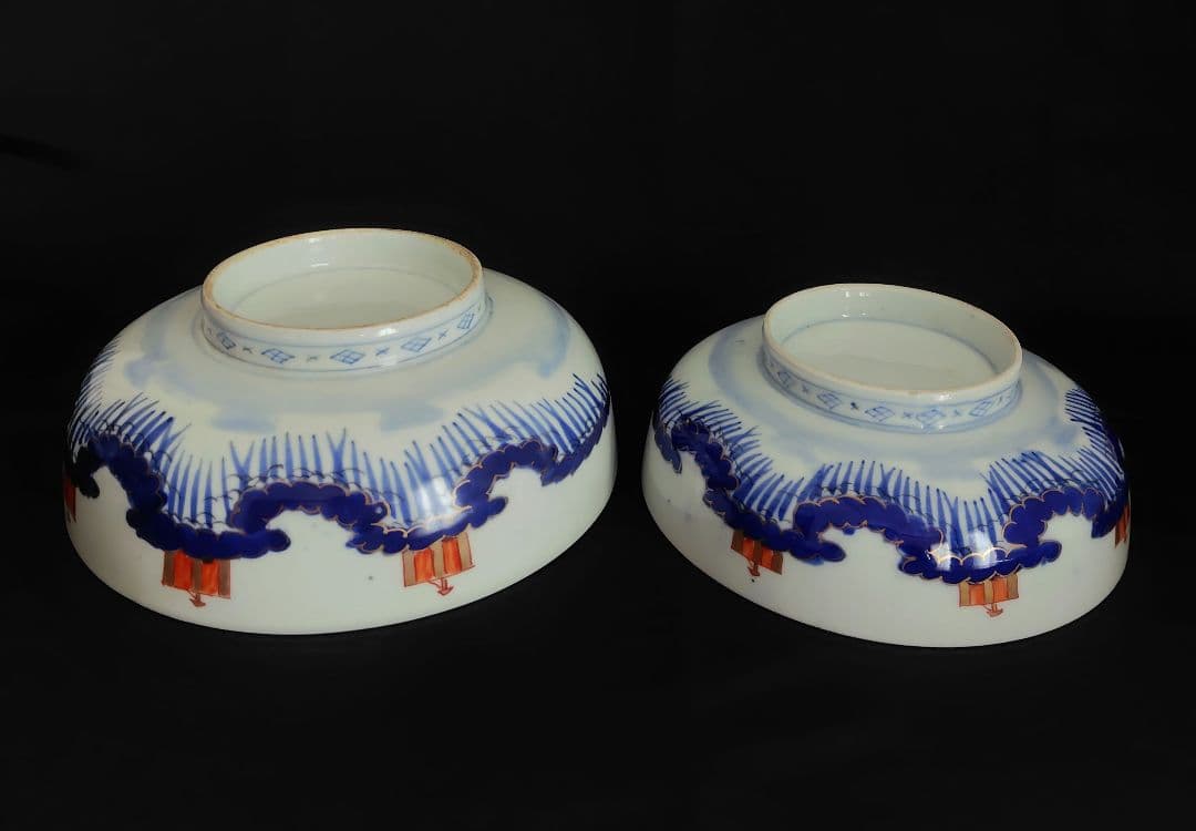 古伊万里　アンティーク　大鉢大小セット『松　鶴　富士　波　宝舟』明治大正〜　招福