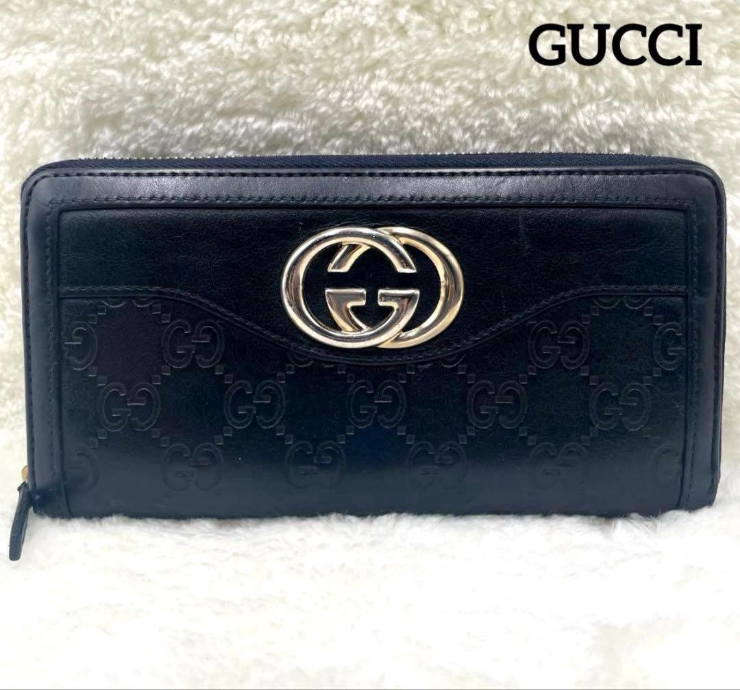 美品 グッチGUCCI 長財布 スーキー インターロッキング シマGG ネイビー