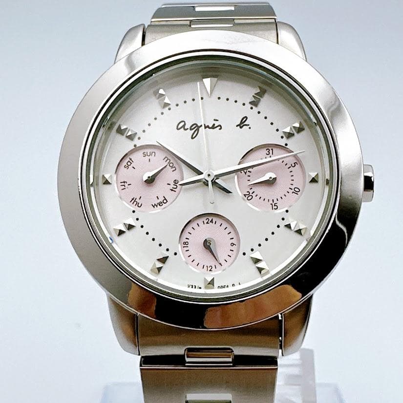 美品 アニエスベー レディース腕時計 クロノグラフ ホワイト ピンク