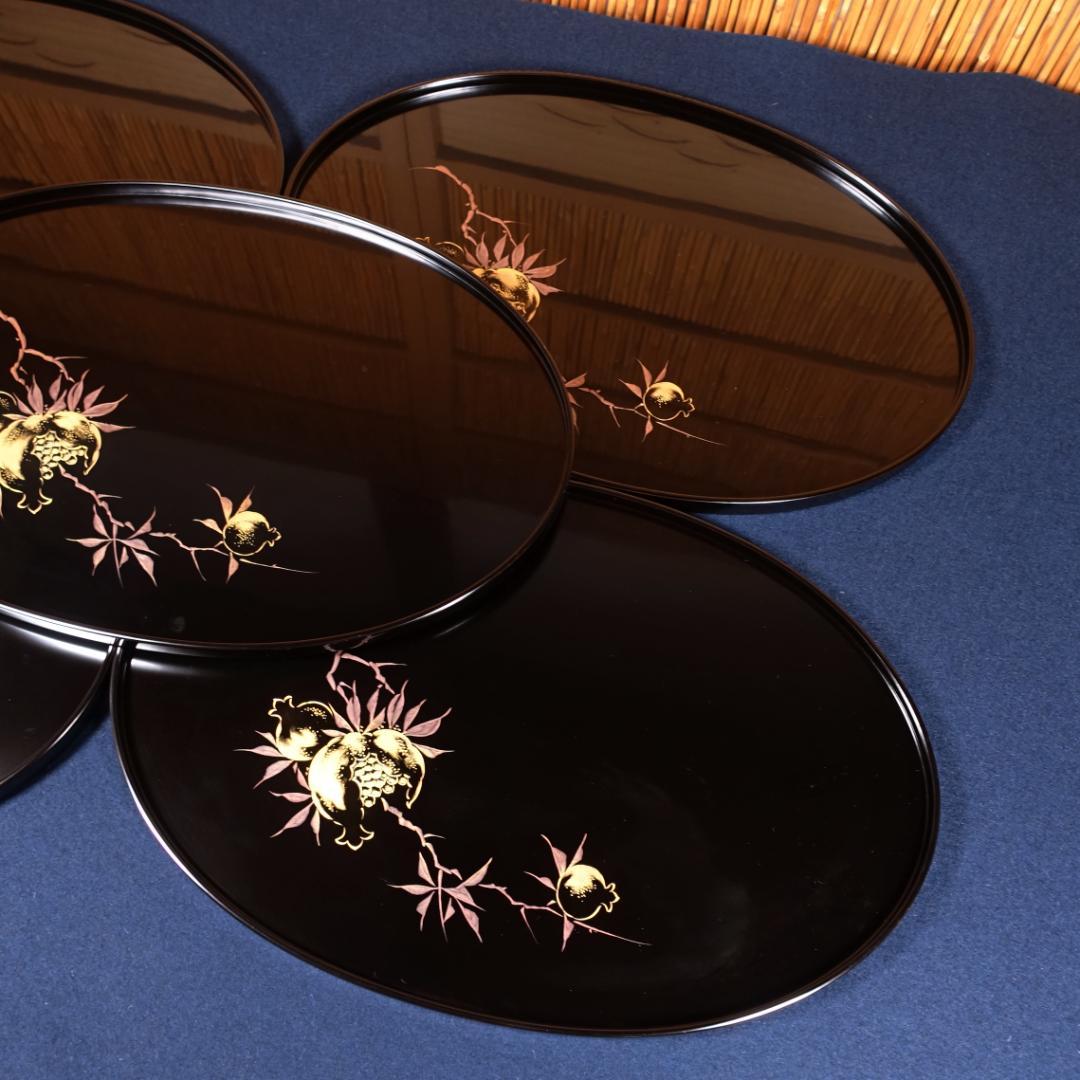 最終値下 輪島塗 黒塗 沈金柘榴文 楕円形盆 卓上膳 5客 共箱