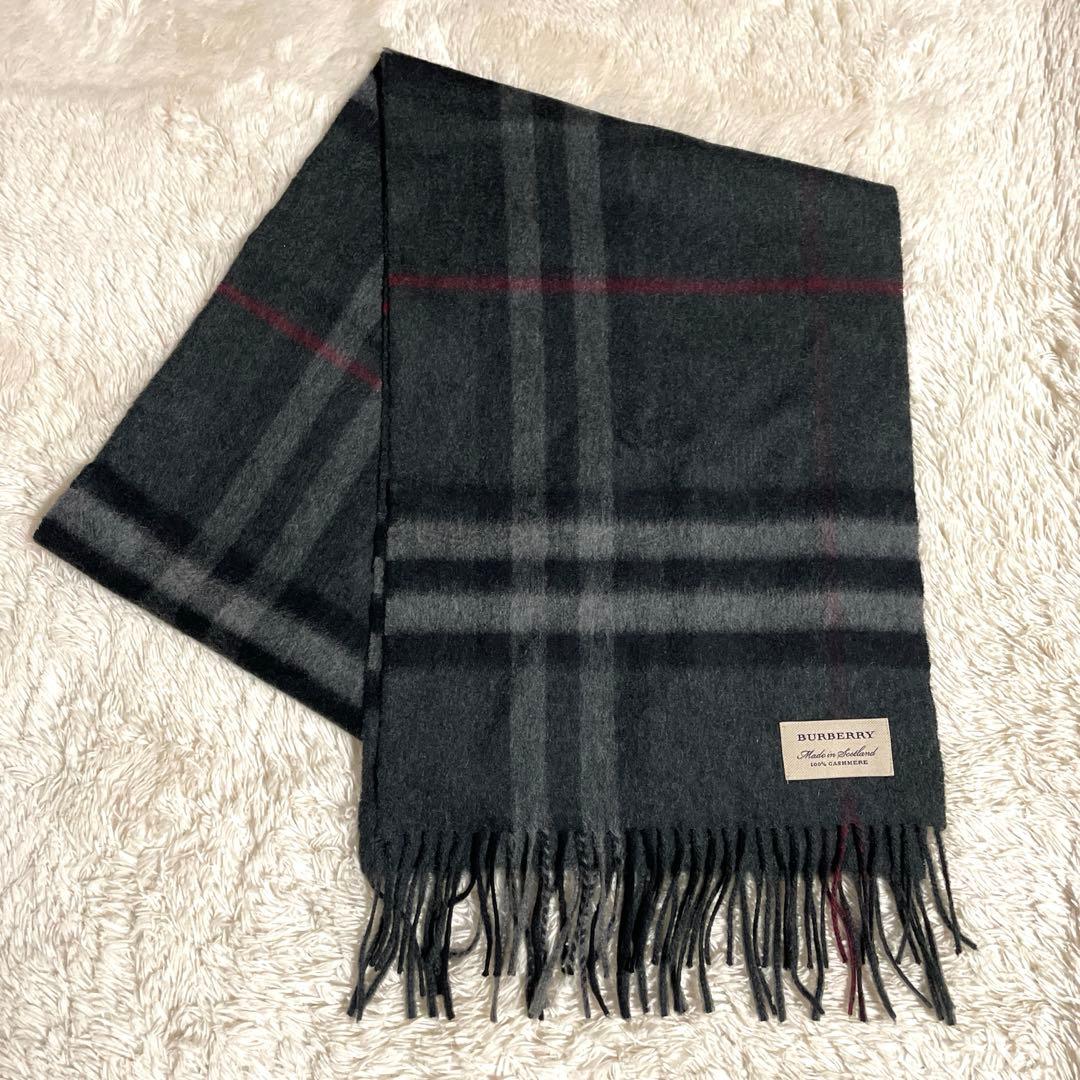 【美品】BURBERRY カシミヤ100%　マフラー　チェック柄　グレー系