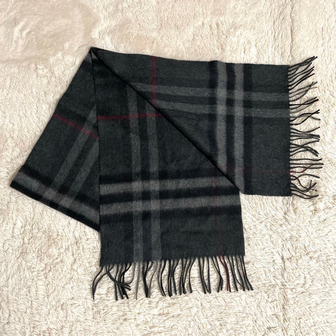 【美品】BURBERRY カシミヤ100%　マフラー　チェック柄　グレー系