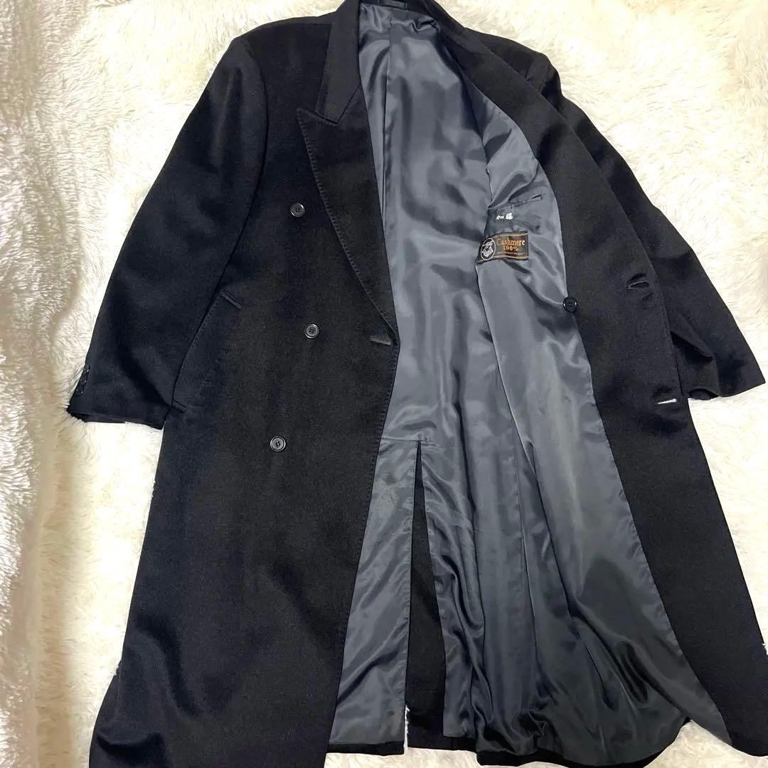 極上✨カシミヤ100% ダブルチェスターコート 黒 XL 115cm 超ロング丈