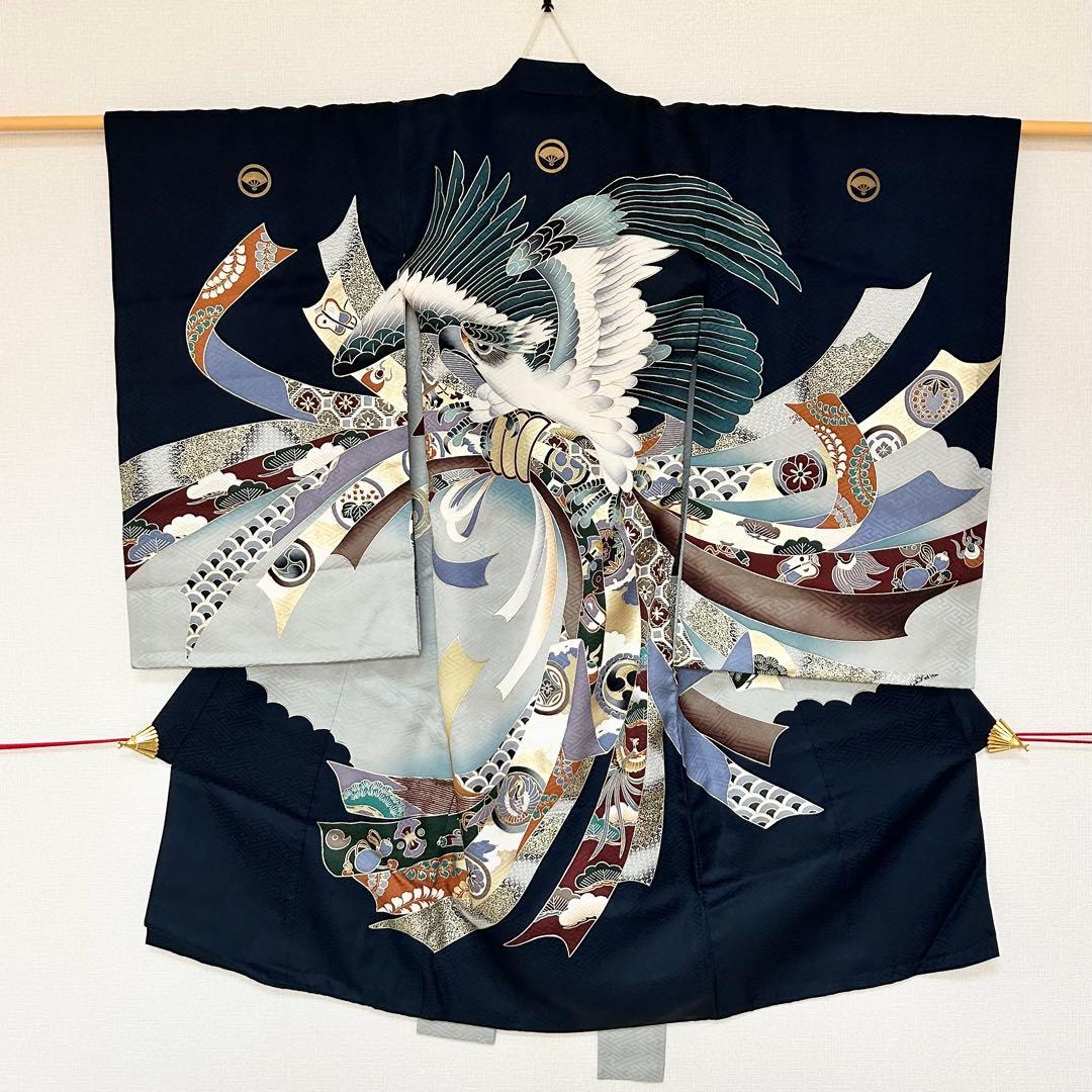 着物　お宮参り　産着　祝着　紺　鷹　吉祥柄　五つ紋　男の子　襦袢付き