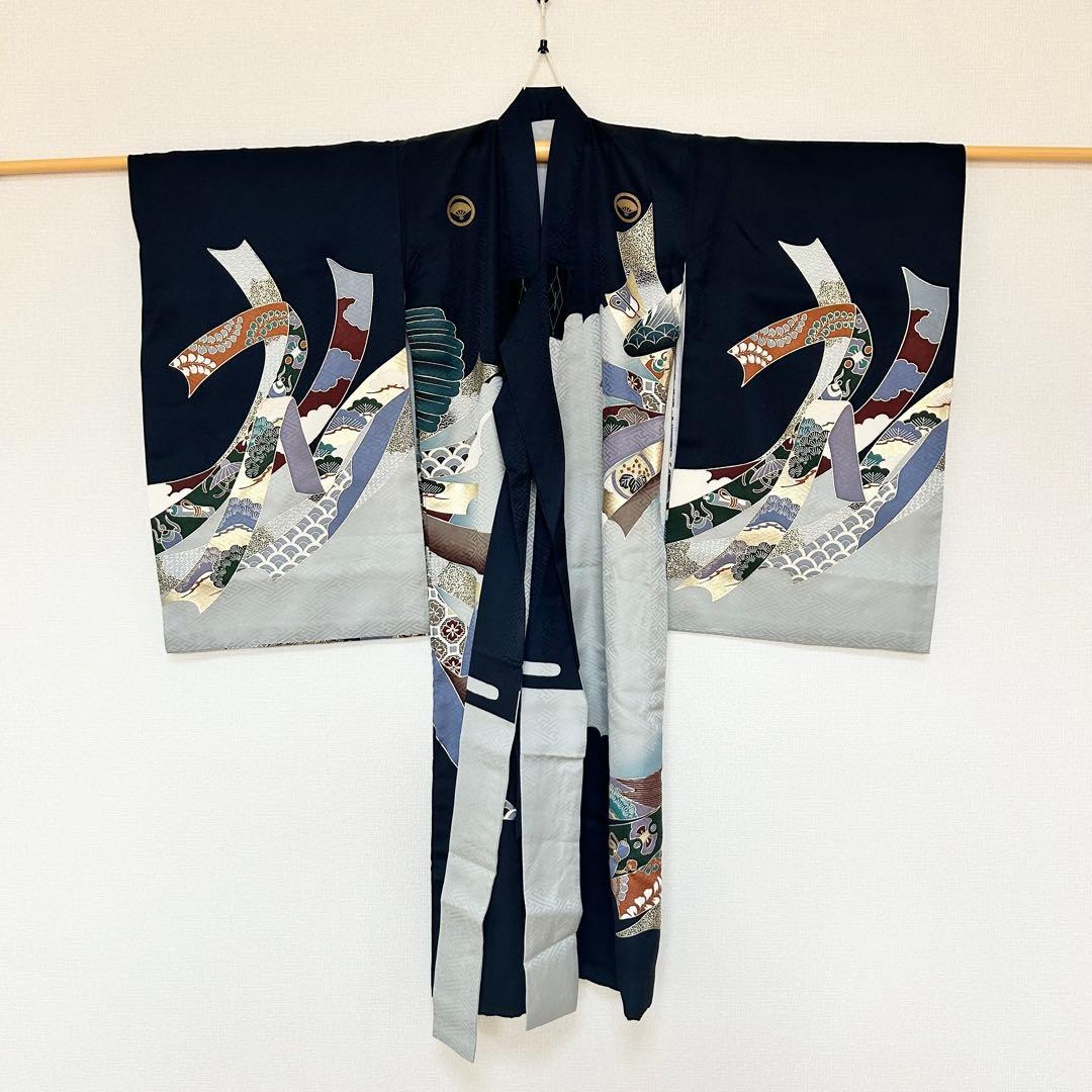 着物　お宮参り　産着　祝着　紺　鷹　吉祥柄　五つ紋　男の子　襦袢付き