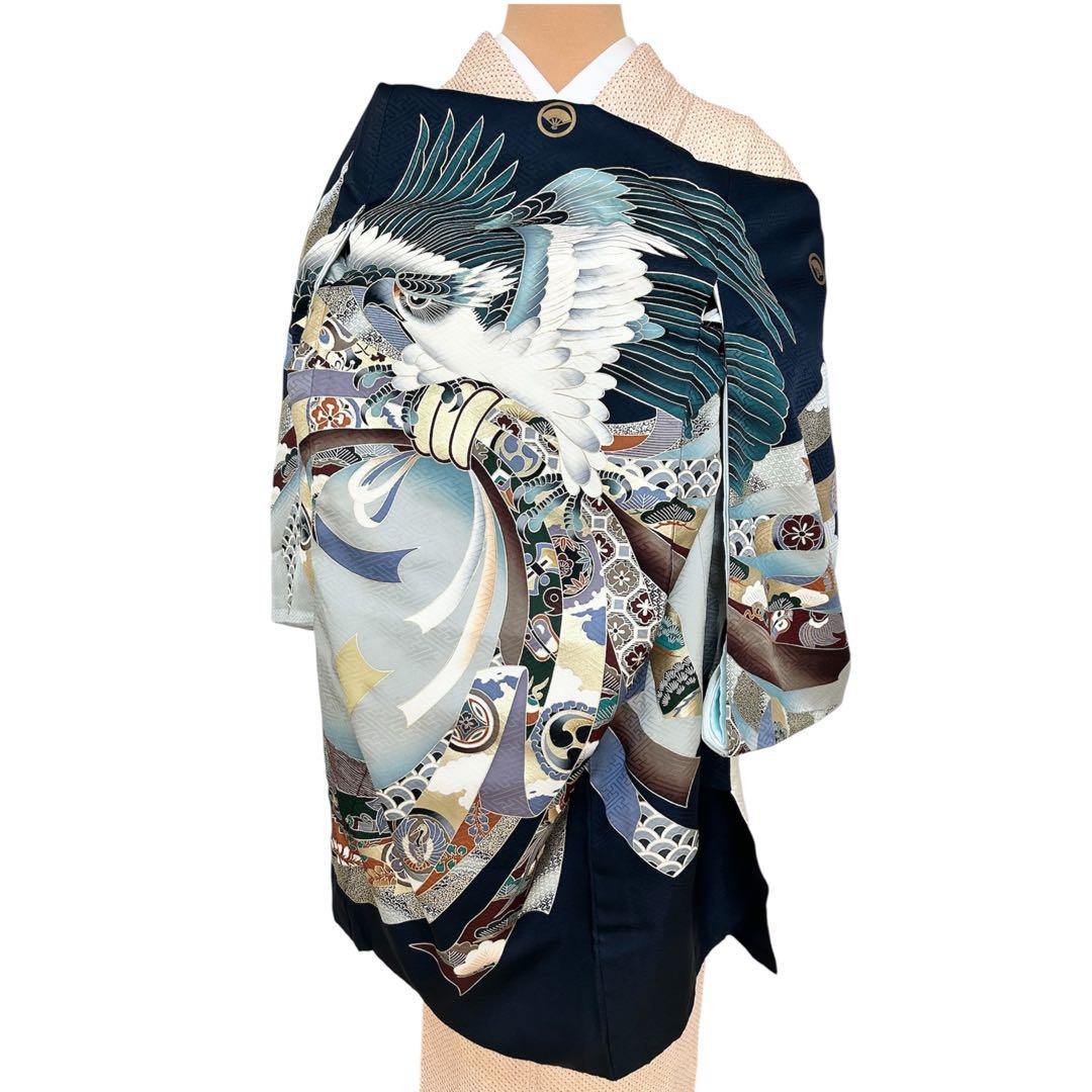 着物　お宮参り　産着　祝着　紺　鷹　吉祥柄　五つ紋　男の子　襦袢付き