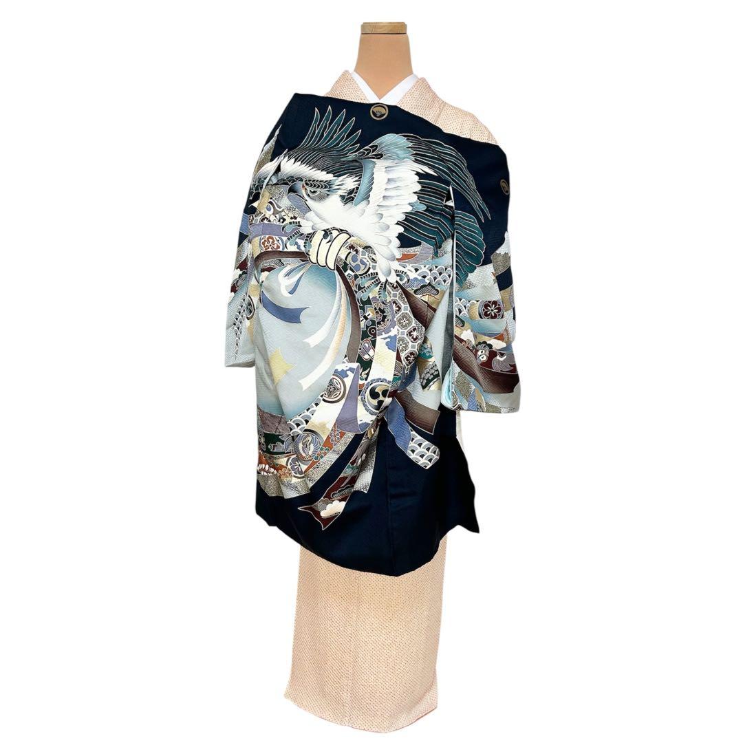 着物　お宮参り　産着　祝着　紺　鷹　吉祥柄　五つ紋　男の子　襦袢付き