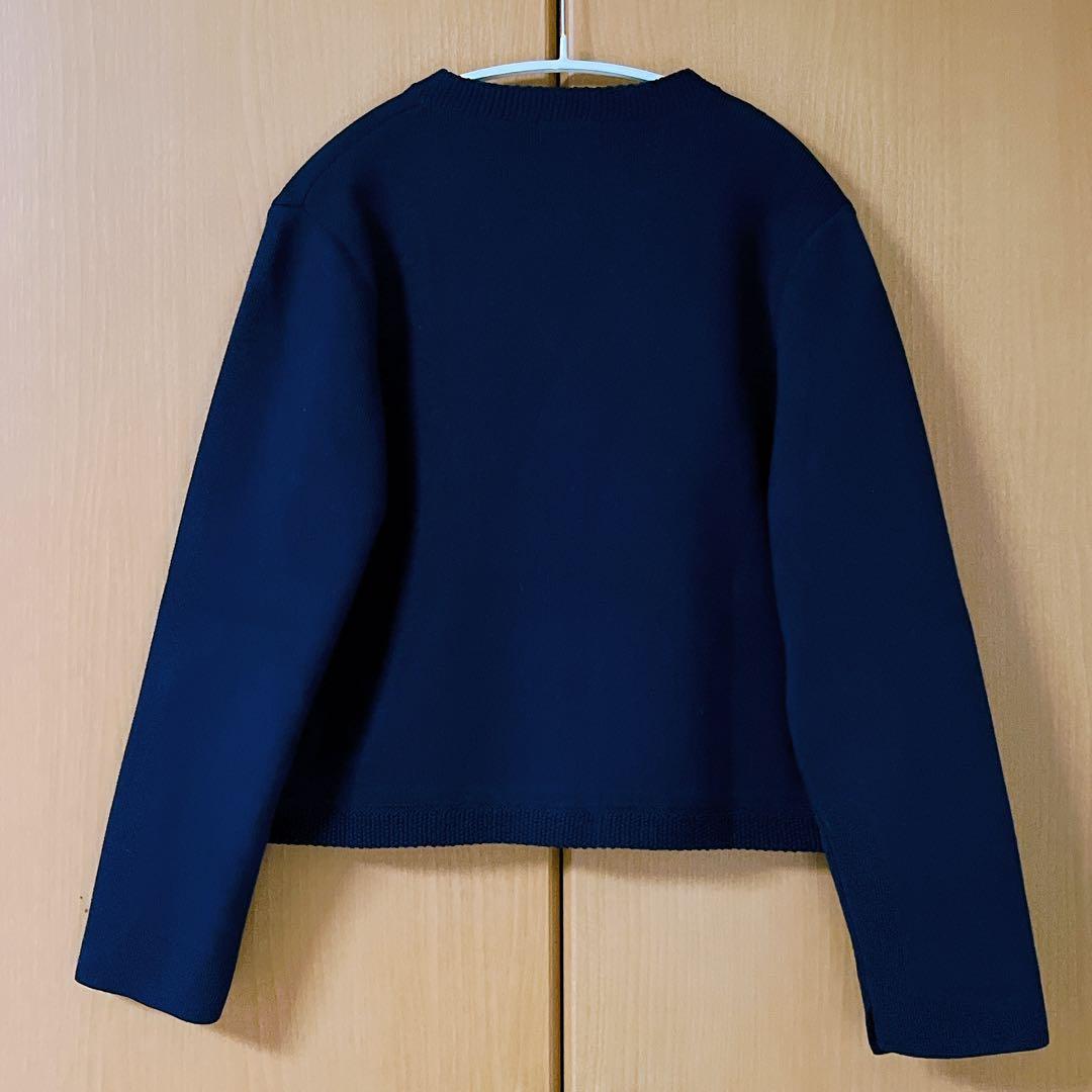 【美品】オリジナルボタンノーカラーニットジャケット ネイビー アニュアンス