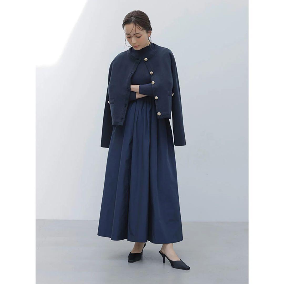 【美品】オリジナルボタンノーカラーニットジャケット ネイビー アニュアンス