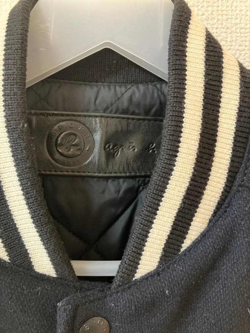 agnes b. SPORT スタジャン ウール レザー 切替 ネイビー