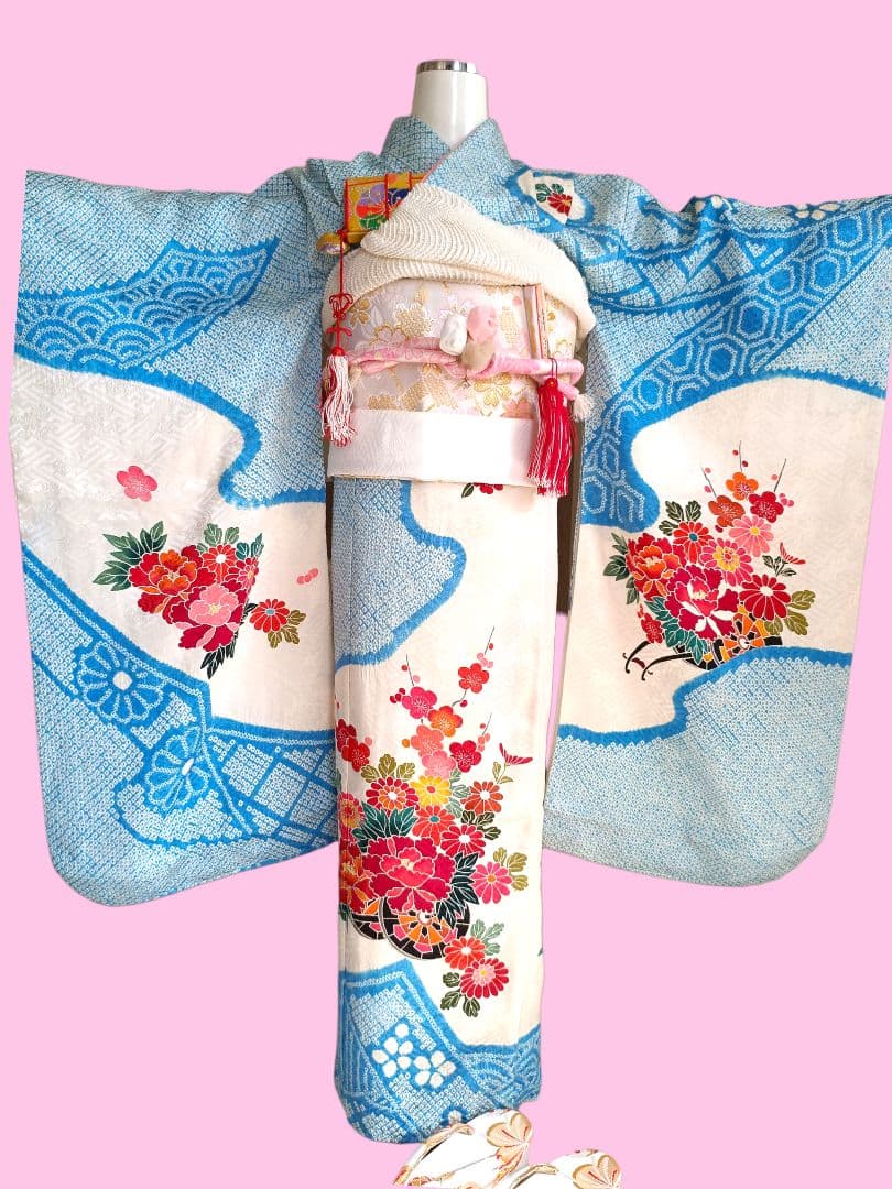 正絹☆絞り☆水色の着物単品