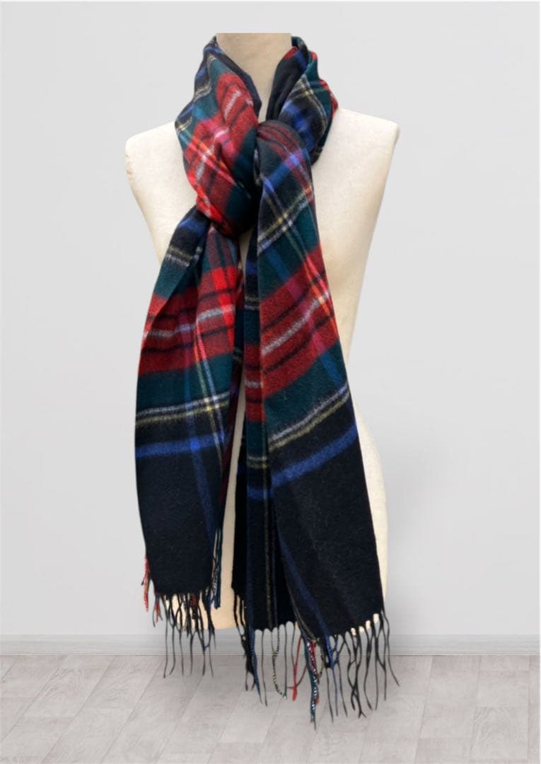 ブラックスチュアート柄 カシミア70cm広幅ストール フワフワなめらかZARUD