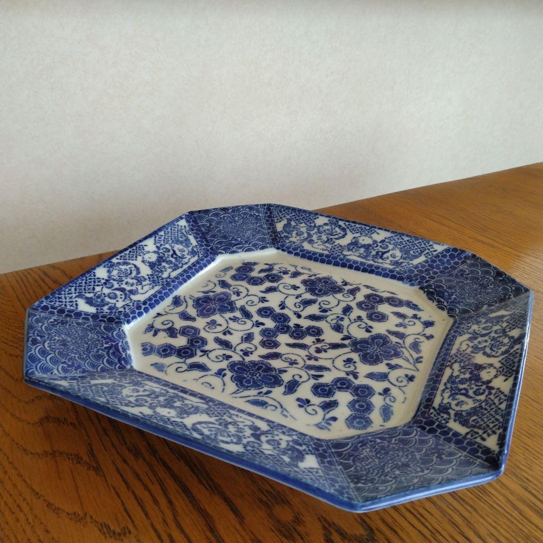 印判 隅切り 八角大皿 野兎と獅子 骨董 アンティーク