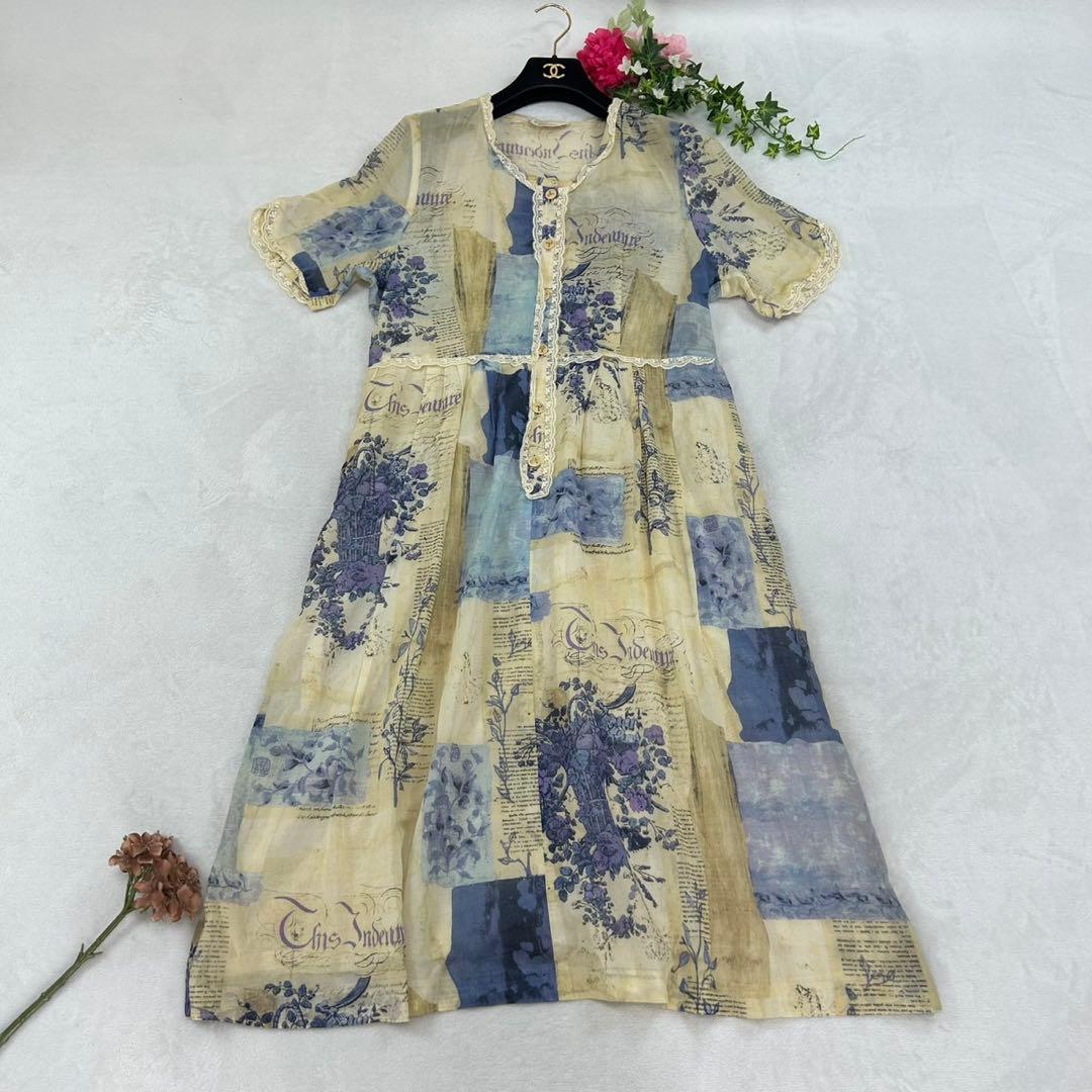 R125 美品 XL 46 ロッサ 透け感 絵柄 ロングワンピ レディース