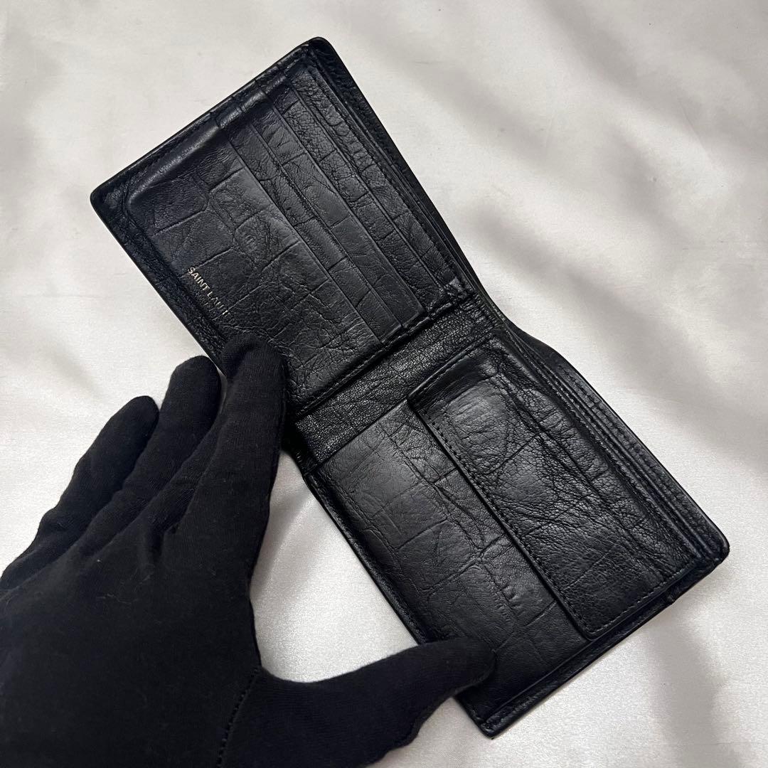 ◇美品◇サンローラン　クロコ型押し　バイフォールドウォレット　YSLロゴ　黒