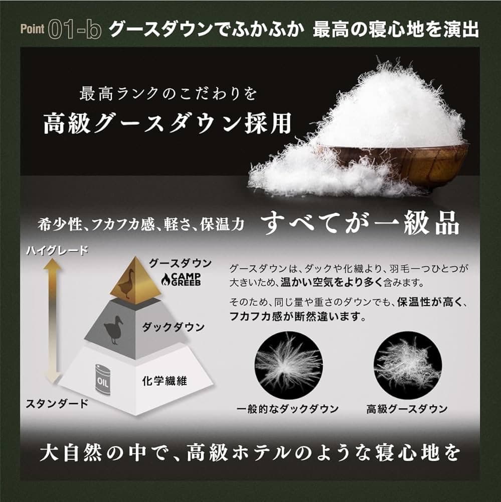 ☘️ダウンシュラフ マミー型 寝袋 秋冬春 グースダウン 800g 600FP