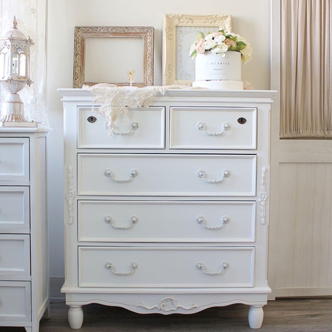 ロココ アンティーク キー付 フレンチ ホワイト チェスト